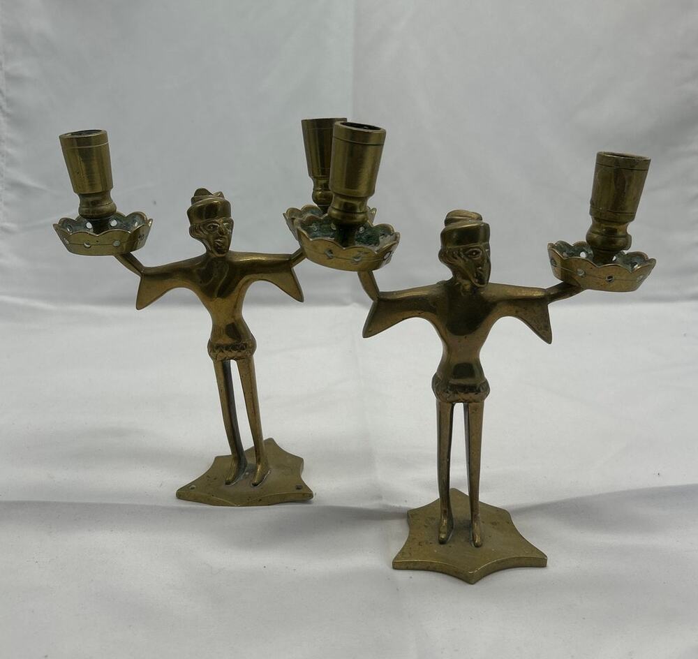 Vtg Brass Indian Style Figural Candelabra Pair 2 Arm Candle Holders 7" Folk Art